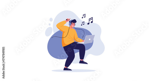 A young person with headphones dances while working on a laptop.