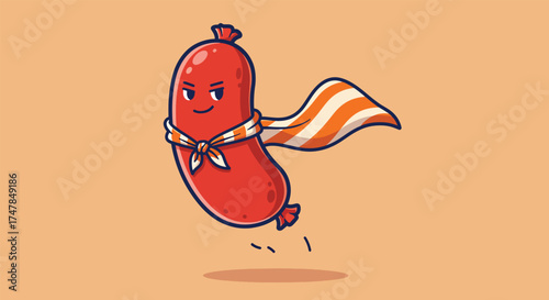 Cartoon Sausage Character Wearing a Striped Cape and Scarf.
