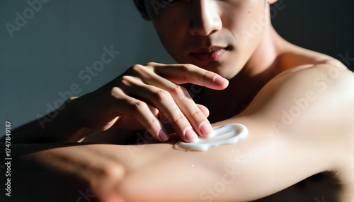 Young man applying lotion on his arm in soft light indoors  
