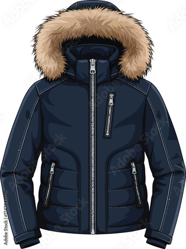 Illustration of a navy blue winter parka with a fur-lined hood a vector design for apparel and fashion isolated on a white background