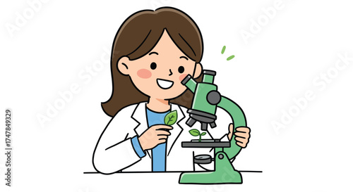 Cartoon Scientist Examining Plant Under Microscope with Enthusiasm.
