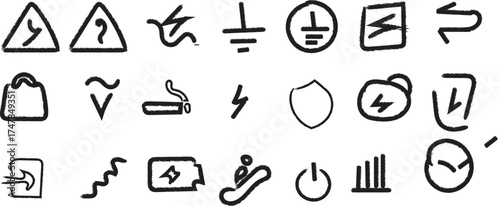 A collection of rough, hand-drawn icons representing electrical hazards, safety signs, and directional indicators.