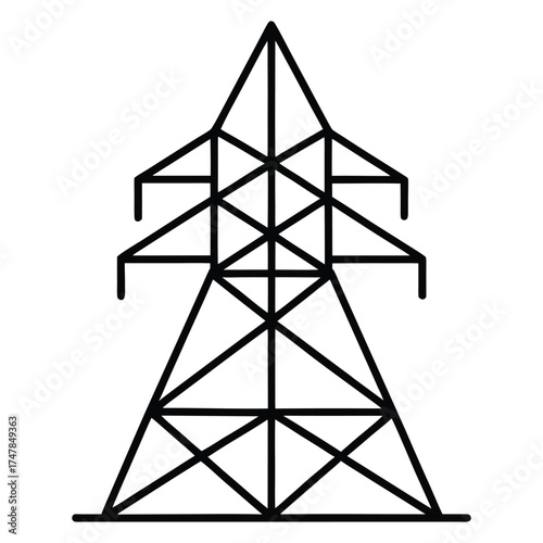 A stylized black and white line drawing of a tall electricity pylon with multiple crossbars supporting power lines.