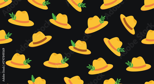 A charming pattern of yellow hats with green leaves adorning them on a dark background.