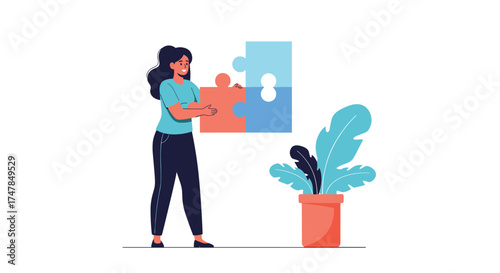 A woman connects two puzzle pieces to represent collaboration and problem solving.
