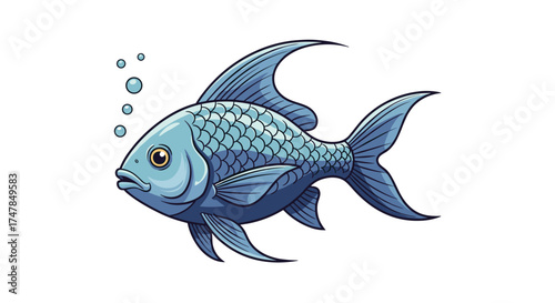 A vibrant blue fish swims through the clear blue water releasing bubbles.