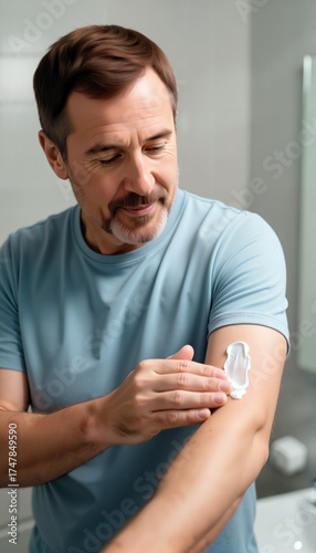 Man applying lotion to his arm in modern bathroom setting  