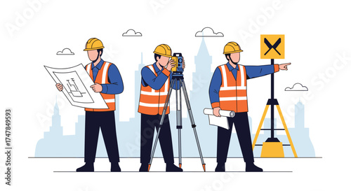 Construction engineers and surveyors working together on a new project.