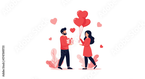 A man presents a gift and balloons to a woman on a special occasion.