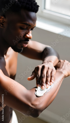 Young black man applying lotion to his arms in bright indoor setting  