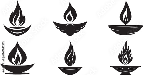 Traditional Indian Diya Oil Lamp and Flame silhouette Set