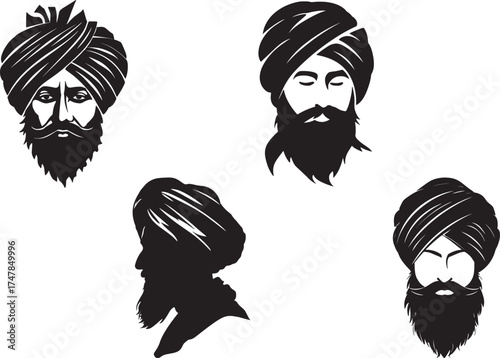 Sikh Man with Turban Silhouette Set