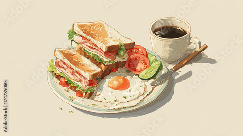Hand - Drawn Watercolor Style Breakfast with Sandwich, Fried Egg and Coffee