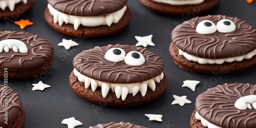 Monster Cookies' Delight: Charming and playful Halloween-themed monster cookies adorned with whimsical designs and edible decorations, promising a spooky-sweet treat.