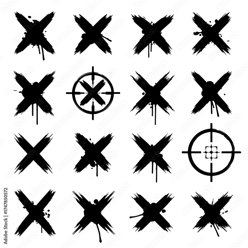 Obraz premium Sharp black graphics of weathered cross marks capturing a raw and industrial aesthetic.