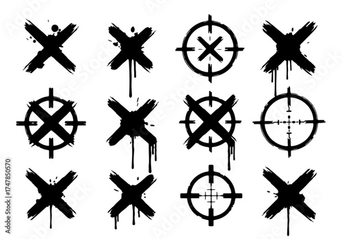 Collection of twelve unique grunge marks ranging from thin scratches to thick drips.