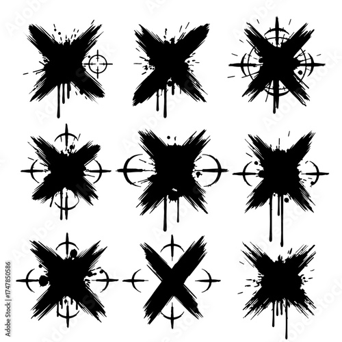 High contrast urban street art silhouettes depicting weathered and dripping black cross symbols.