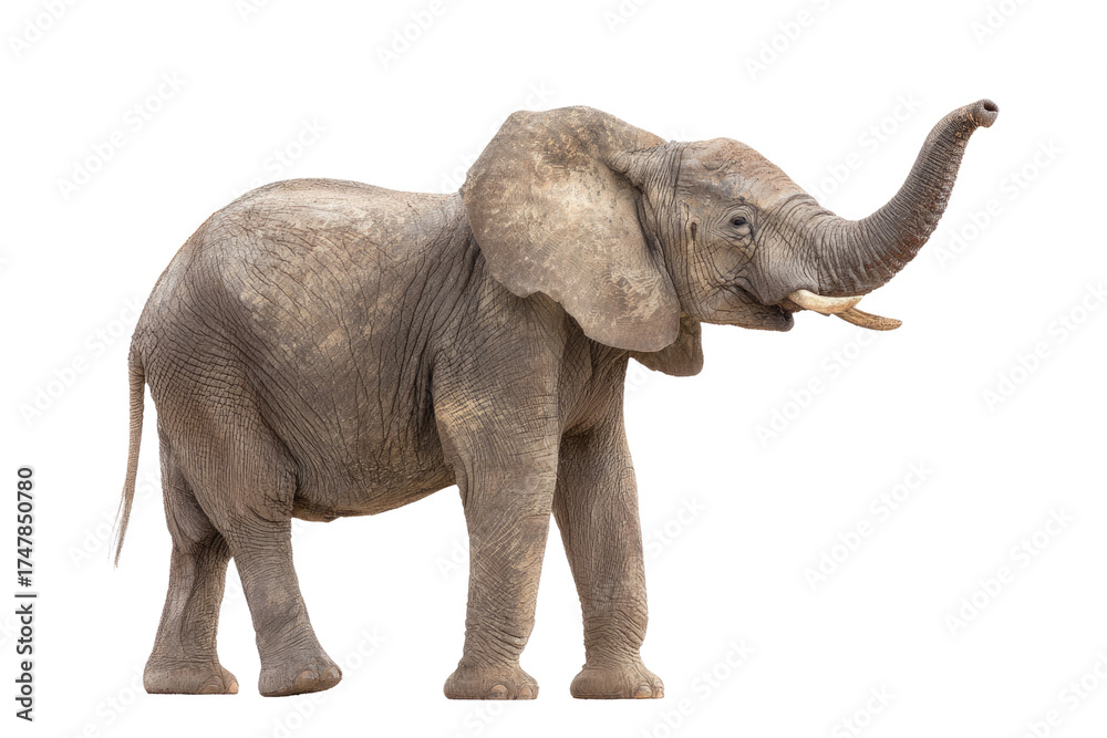 Obraz premium A majestic African elephant with large ears and prominent tusks stands against a transparent background, its trunk gracefully raised upwards. background removed