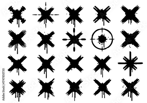 Grunge X Marks and Crosshair Symbols Collection for Design, Target Graphics, and Abstract Badges