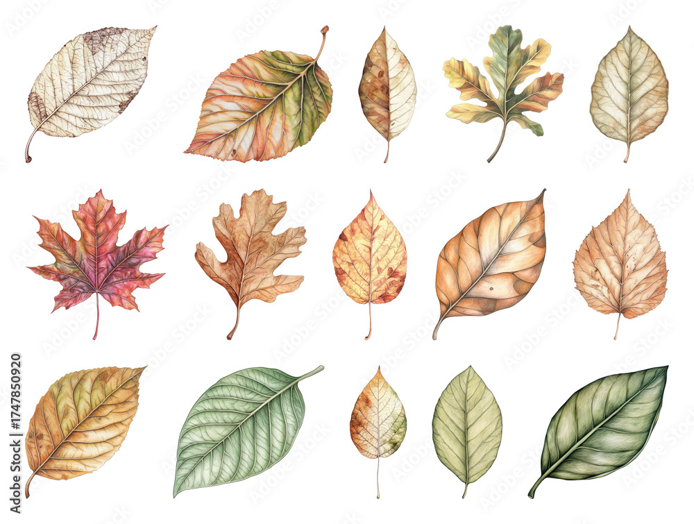 Obraz premium Autumn leaves watercolor illustration collection.