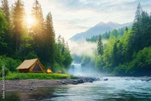 Camping Paradise: A serene camping scene, featuring a tent nestled by a river with a cascading waterfall, under a bright sky with sun, embodying the spirit of outdoor adventure and nature's beauty.