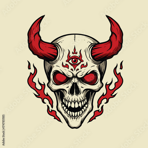 Demonic Skull with Red Horns and Third Eye Surrounded by Flames.
