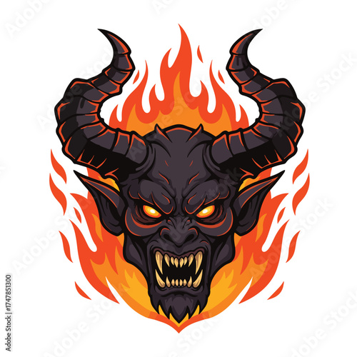Fearsome demon head with glowing eyes and sharp teeth surrounded by flames.