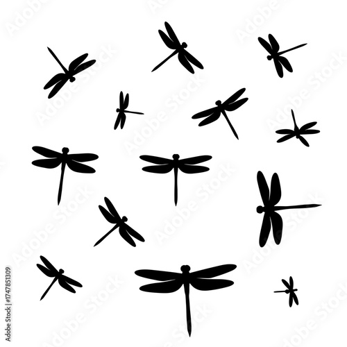 set of black silhouettes of dragonfly