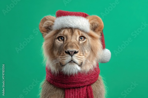 Cute Animal Head with Santa Claus Hat. Lion Wearing a Santa Hat and Warm Scarf on a Green Background. Merry Christmas, New Year card. Tiger in Red costume. Wild Animals in Winter Holiday Headdress