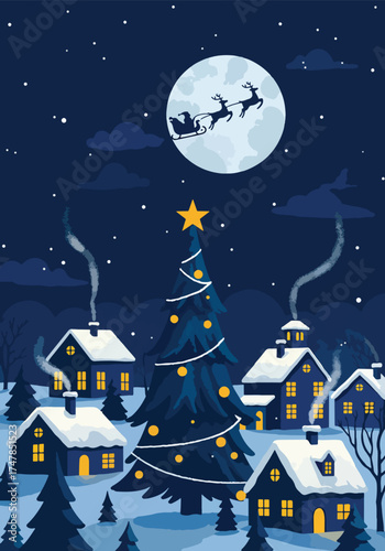 Festive Christmas Eve Village Scene with Santas Sleigh Flying Over a Decorated Tree.