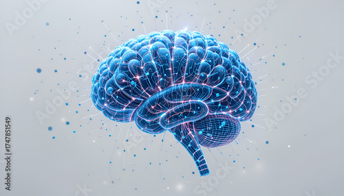 Digital brain with glowing connections, isolated on white background