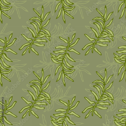 Moss twigs hand drawn doodle on green background, seamless pattern. Vector illustration