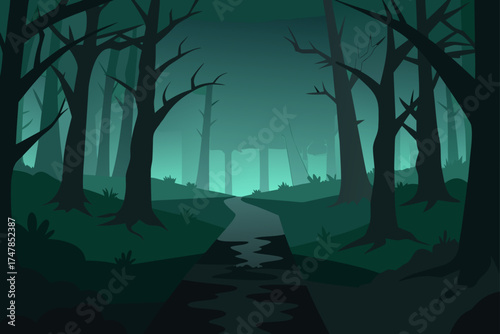 Mysterious dark forest path with glowing turquoise mist