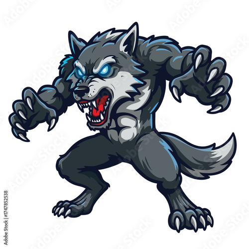Fierce Cartoon Werewolf Character with Glowing Blue Eyes and Sharp Claws.