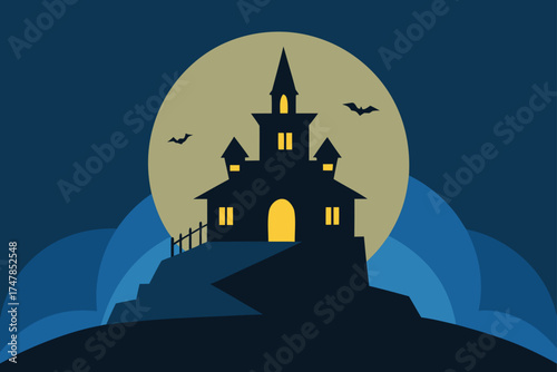 Spooky haunted mansion silhouette against a large full moon