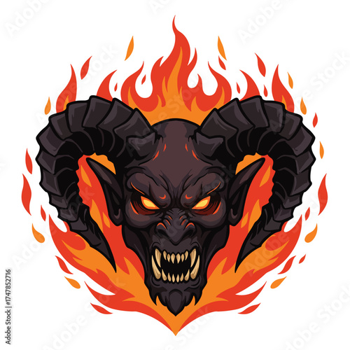 Fierce Demon Head with Flaming Horns and Glowing Eyes.