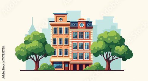 Charming apartment buildings with lush green trees in a serene urban setting.
