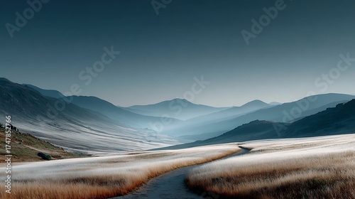 Soft misty morning valley with gentle winding road fading into light blue-gray horizon, open blank sky creating calm minimalist mood perfect for background or concept of peace and clarity.