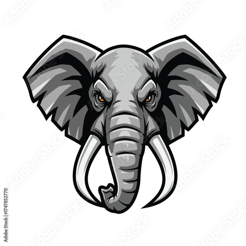 Fierce Elephant Head with Large Tusks and Ears.