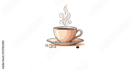 Aromatic hot coffee with steam rising from a ceramic cup on a saucer with coffee beans and sugar cubes.