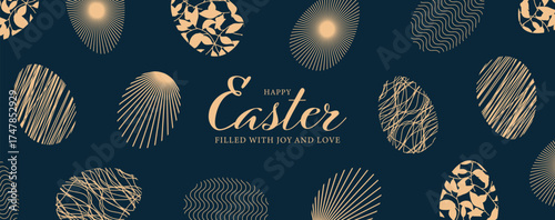 Festive background for Easter day with Easter eggs. Dark blue Easter greeting card, poster or cover artwork