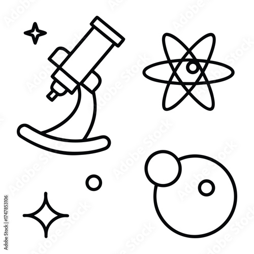 Line art icons depicting scientific concepts including a telescope, atom, planet, and stars, representing astronomy and physics.