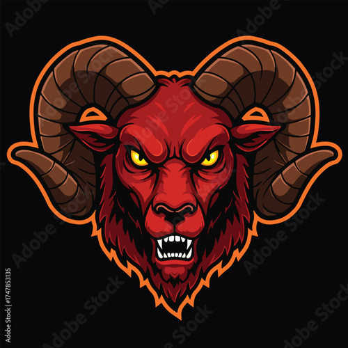 Fierce Red Ram with Large Curved Horns and Yellow Eyes.