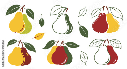 A collection of colorful pear illustrations with leaves and stems.