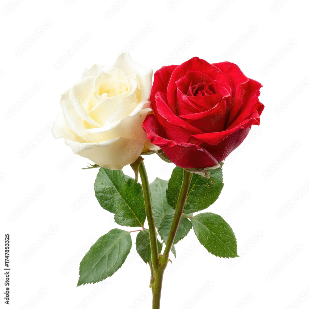 Fototapeta premium A vibrant red rose and a pristine white rose stand side-by-side on a transparent background, symbolizing contrasting beauty and harmony. background removed