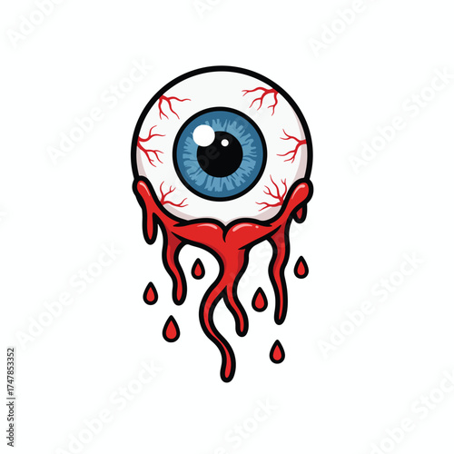 Graphic Illustration of a Bleeding Eyeball with Blue Iris and Red Veins.
