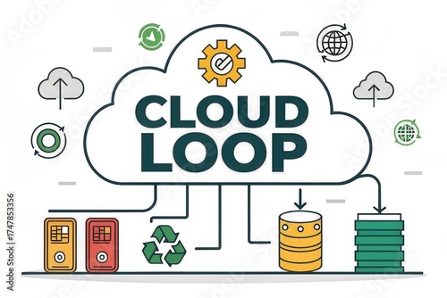 Conceptual infographic illustrating cloud storage and data recycle