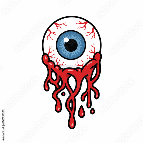 Graphic illustration of a bloody detached eyeball with blue iris and red veins.