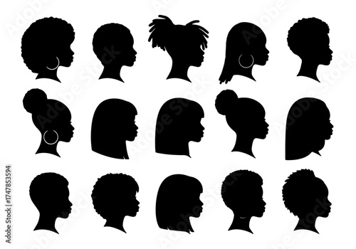Set of women silhouette side view, face and neck only vector illustration. Female Internatinal Women's Day. isolated on white background.