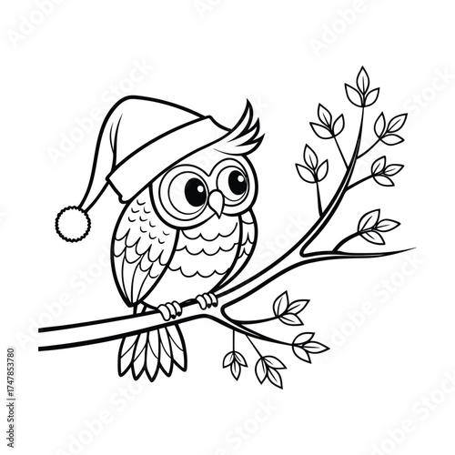 Owl Wearing Santa Hat Coloring Page.